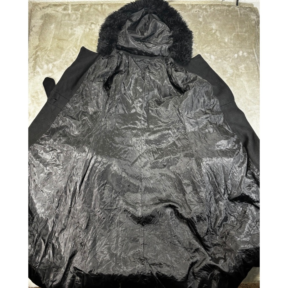 Unbranded Faux Fur Trim Hooded Long Coat Women Small Black Excellent Belted Wool - Picture 3 of 5